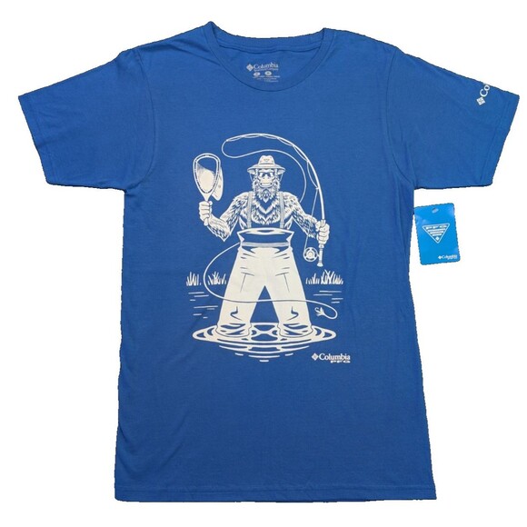 Columbia PFG T-Shirt Men's Small Blue Sasquatch Fishing Graphic Short Sleeve NWT - Picture 1 of 7